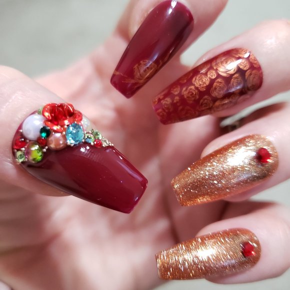 Medium Coffin Gel Press on Nails " Red Wine " - Picture 3 of 5